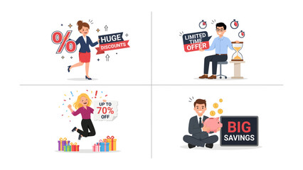 Fototapeta premium Special Offer Collection: A vibrant collage showcasing a series of special offers, featuring animated characters celebrating discounts, limited-time deals.