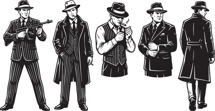 Gangster, mafia, crime, vector icons, black and white, 5 men, gang, illustration set isolated on Transparent Background