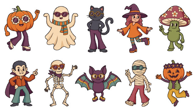 A group of 70s Retro Groovy Halloween Character Vector Clipart Set &ndash; 10 Funky Spooky Cartoon Designs isolated on transparent background