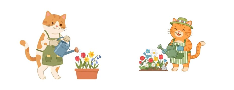Cute ginger cat gardener set, adorable kitten watering spring flowers in pots, whimsical feline characters in aprons for gardening hobby design