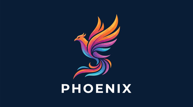 Phoenix bird logo vector illustration with colorful gradient wings on a dark navy blue background
