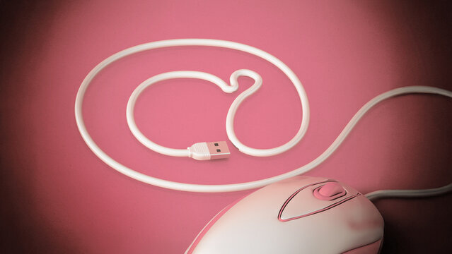 Computer mouse cable forming an at sign. 3D illustration