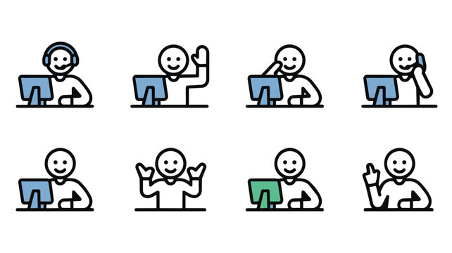 Set of customer service icons with people working on computer Vector