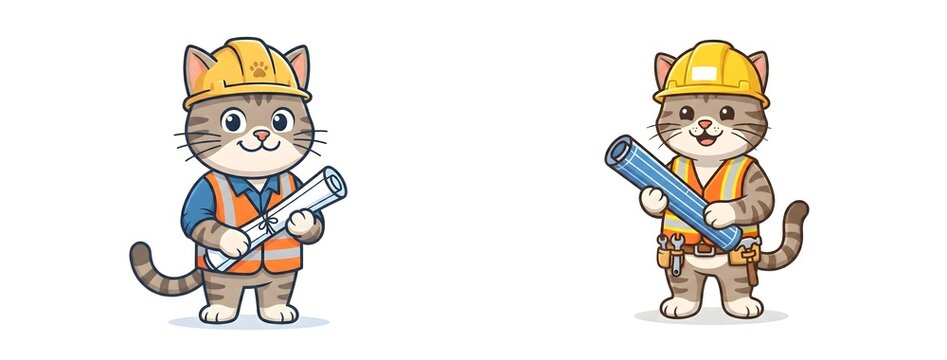 Cute cat construction worker characters wearing yellow hard hats, tabby cat engineer holding blueprints, funny feline builder mascot set on white background