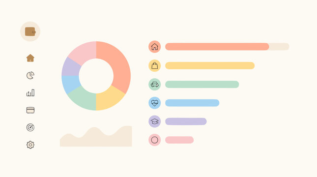 Soft pastel expense breakdown dashboard vector illustration with donut chart, horizontal category spending bars, wallet sidebar icons and clean personal finance budgeting UI on warm neutral background