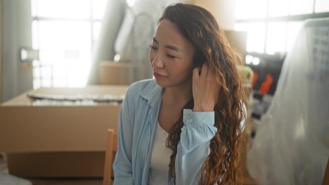 Woman with packages touches hair and closes eyes while seated amid moving boxes in building; relief calm transition.