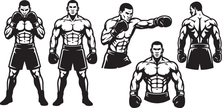 Boxer, athletic man, fitness icons, workout illustrations, boxing vector set isolated on Transparent Background