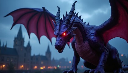 Obraz premium Large purple dragon statue with glowing red eyes stands against dark city at night. Majestic mythical creature with spread wings overlooks foggy urban landscape. Detailed monster figurine features