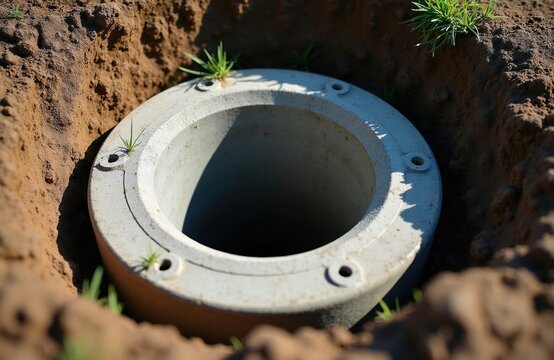 Concrete drainage pipe sits inside deep hole in dark soil at active construction site. Infrastructure project work prepares ground for underground water management system. Building industry crew