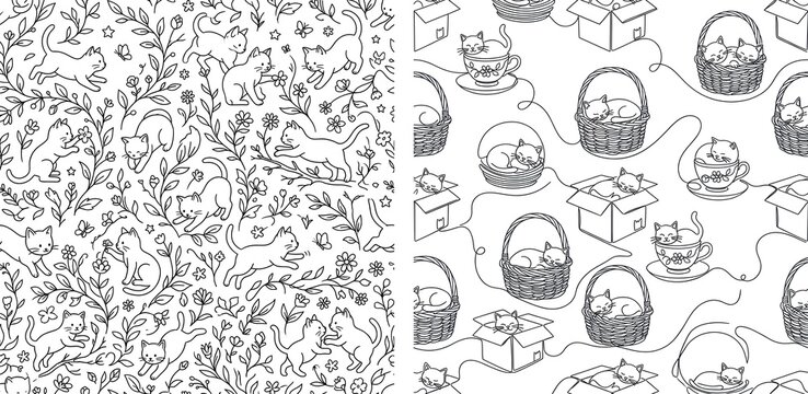 Hand drawn cat seamless pattern set, cute kittens in baskets and boxes line art, floral feline doodle background for coloring book or textile design