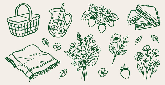 hand drawn herbal drink seamless pattern, vintage lemonade strawberry vector illustration, green herbal tea line art background, lemonade pitcher sketch fabric print, fresh beverage wallpaper pattern 