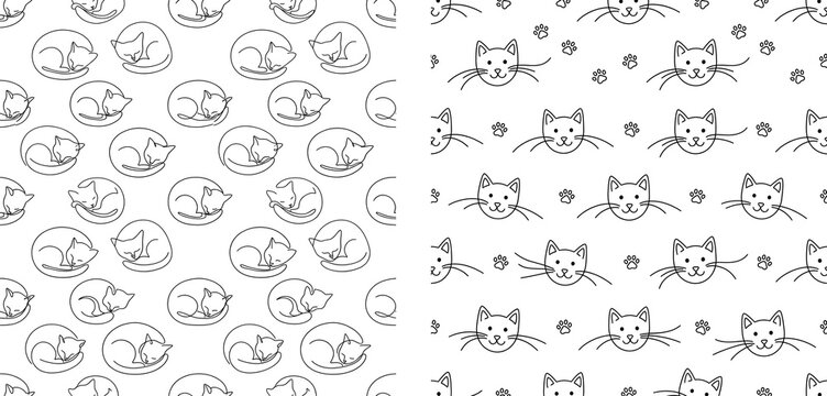 Minimalist cat pattern set, hand drawn feline line art illustrations, black and white seamless kitty background for textile and wrapping paper
