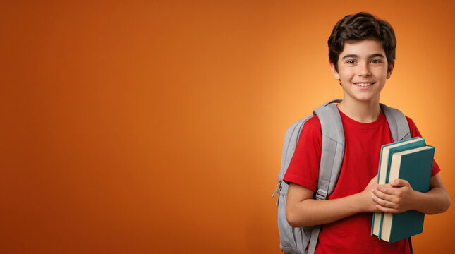 Smiling elementary school boy holding books with backpack against orange background with copy space, representing back to school, education, confidence, learning, knowledge and academic success.