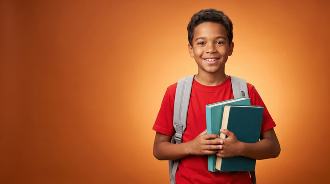 Back to school portrait of smiling elementary student holding books against orange background with copy space, representing education, confidence, learning, childhood development and academic success.