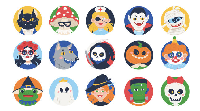 A set of Halloween avatars. Round portraits of traditional Halloween characters: Dracula, Mummy, Witch, Werewolf, Frankenstein, Pumpkin Head, Death, Clown, Skeleton, Ghost