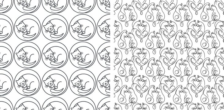 Minimalist cat line art pattern set, seamless black and white feline illustrations, modern kitty animal wallpaper for textile and gift wrap design