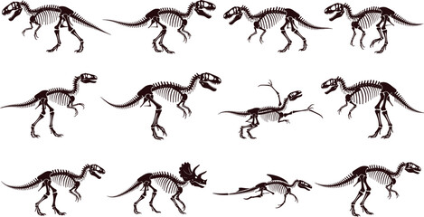 Dinosaur skeleton icons showing prehistoric fossils, ancient creatures, paleontology, extinct species, and natural history design © MSTESMOTARA