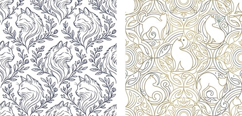 Obraz premium Vintage cat seamless pattern set, elegant feline line art illustrations, ornate floral damask and geometric mandala backgrounds for textile design