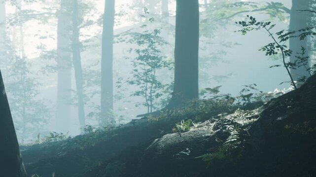 A forest scene shows a gentle slope covered in leaves and small plants. Trees stand tall with mist surrounding them. Soft light filters through the leaves in the morning.