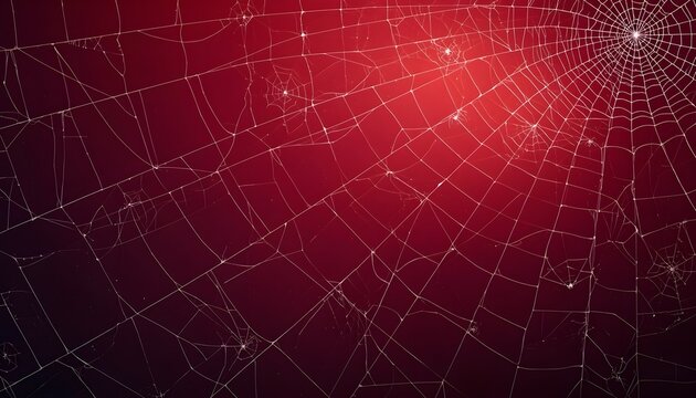 Spooky Halloween spider web background with white cobwebs on dark red gradient, creepy spiderweb frame template for party invitation, horror banner, seasonal copy space, Generative AI