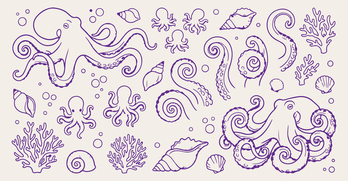 purple octopus tentacles seamless pattern, ocean sea kraken background, marine cephalopod texture, sea shell octopus vector, aquatic sea creature wallpaper, octopus tentacles sketch pattern, purple ma