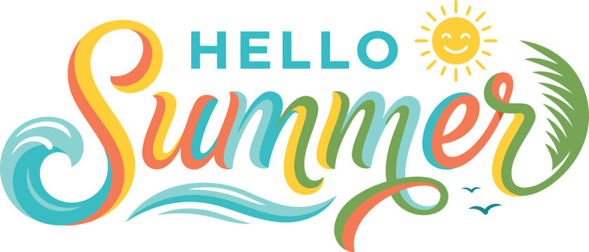 Hello Summer Colorful Hand Lettering Typography with Ocean Wave, Palm Leaf and Smiling Sun Vector Illustration