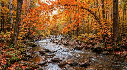Fototapeta premium A rocky woodland stream flows through a vibrant autumn forest of orange and yellow leaves, ideal for nature travel, seasonal tourism, or conservation campaigns.
