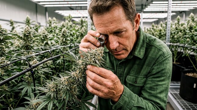 Grower closely examines trichomes on a cannabis bud using a loupe