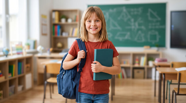 Smiling elementary school girl with backpack holding book in classroom, representing back to school, education, learning, confidence, school readiness, knowledge and academic success.