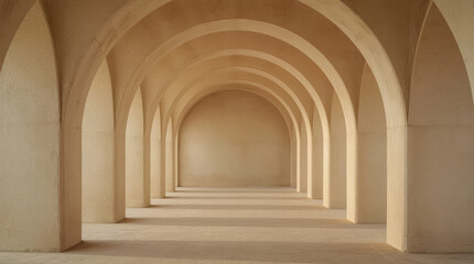 Fototapeta premium Minimal concentric arches in sunlit beige corridor with soft ambient mood