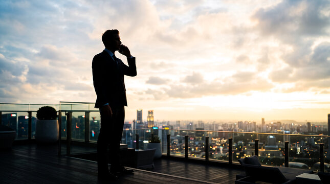 Silhouette of businessman on rooftop using phone overlooking city skyline at sunset