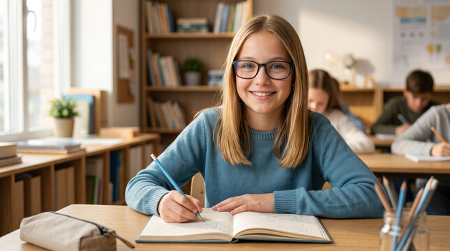 Smiling elementary schoolgirl wearing glasses studying at classroom desk with open book, representing back to school, education, learning, literacy, confidence and academic success.