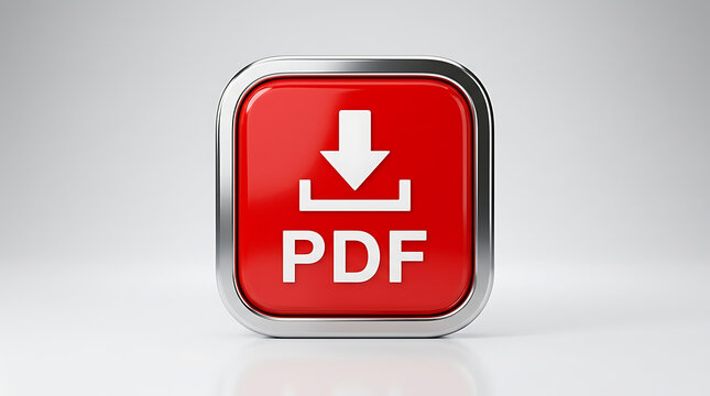 Glossy red download button for PDF document files with metallic silver frame