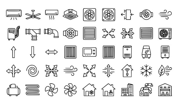 HVAC Ventilation and Air Conditioning Icon Set with Climate Control Fans Grilles Heating Pipes and Airflow Outline Line Art Symbols