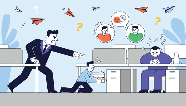 Boss yelling at an employee while others look on, depicting a stressful and toxic workplace environment with office politics.
