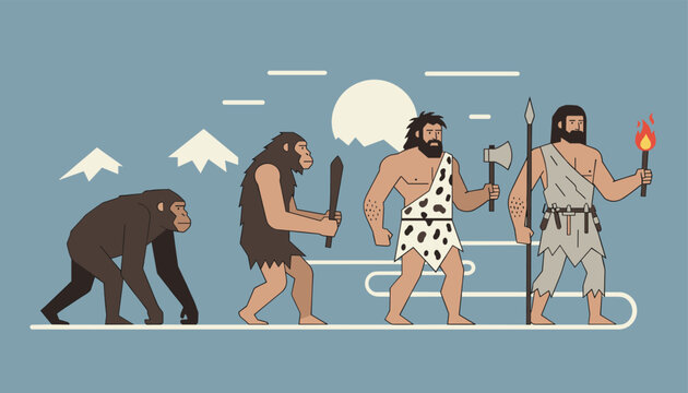 Human evolution timeline showing the progression from an ape to a primitive man with tools and fire on a light blue background history.