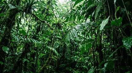 Dense tropical rainforest vegetation with wet leaves, vines, and ferns fills the frame, ideal for conservation, ecotourism, or nature wellness campaigns. © Talha
