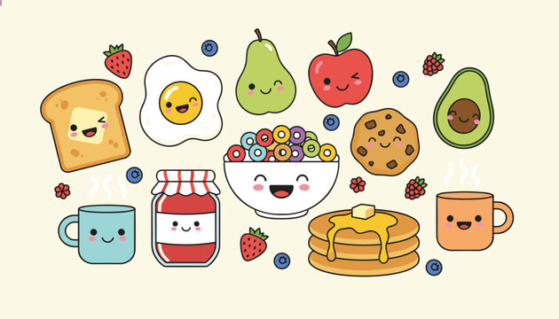 Colorful collection of cute breakfast food items including pancakes, toast, eggs, fruit, cereal, and coffee mugs in a flat design.