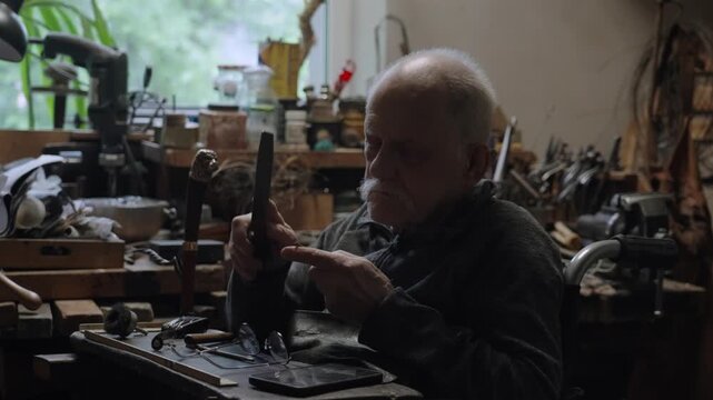 Elderly craftsman working in his old workshop, carefully restoring collectible Japanese bladed weapons