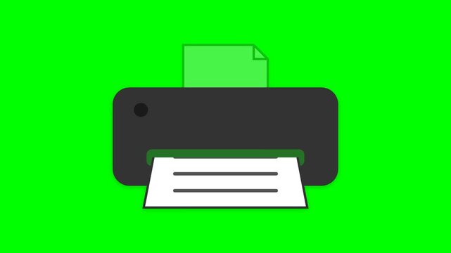 Black printer icon with paper sheet on green screen background office equipment hardware illustration