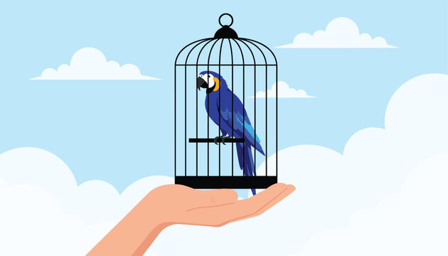 Close up of a human hand holding a birdcage containing a blue macaw parrot against a clear blue sky with white clouds background.