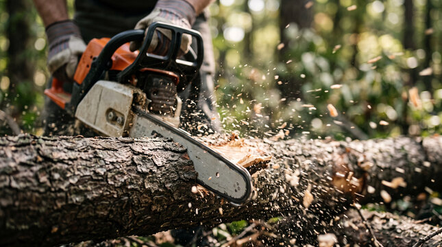 Lumberjack using chainsaw to cut large fallen tree trunk in forest