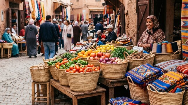 Vibrant Moroccan Market Scene with Fresh Produce and Textiles