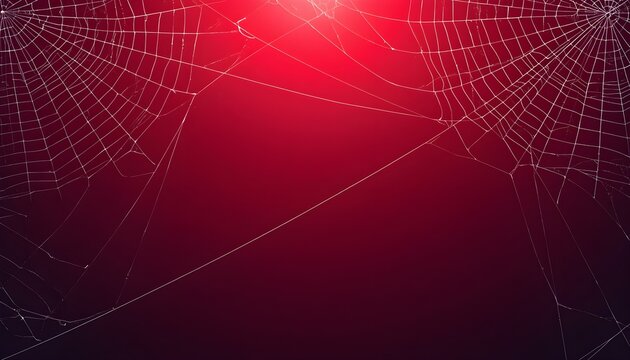 Spooky Halloween spider web background with white cobwebs on dark red gradient, creepy spiderweb frame template for party invitation, horror banner, seasonal copy space, Generative AI