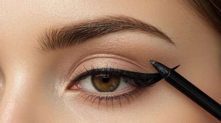 Naklejka premium Close up brown eye with liquid eyeliner application creating precise winged line, elegant look