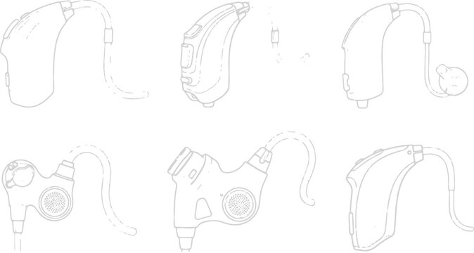 Hearing aid device line art technical illustration of various styles and components silhouette