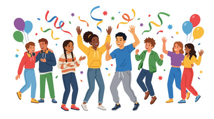Fototapeta premium Diverse group of young people celebrating with confetti and balloons.