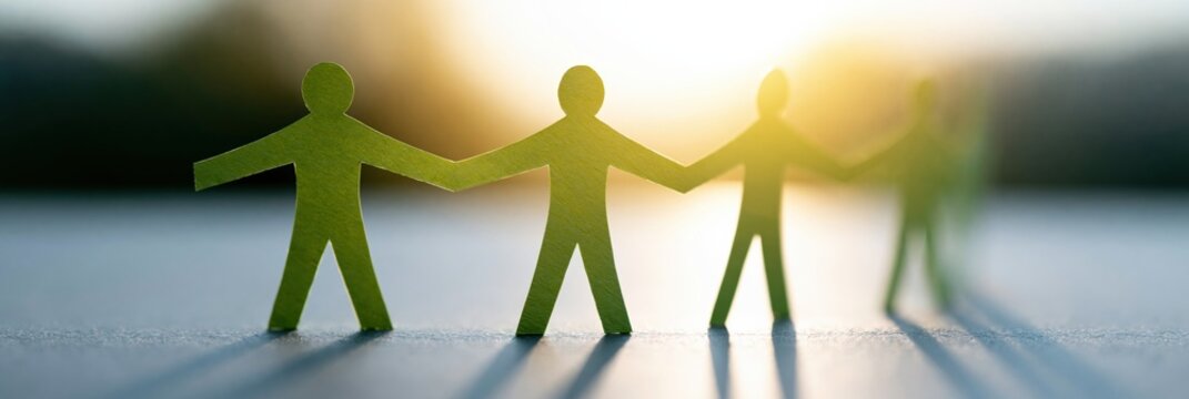 Panoramic view of linked paper people silhouettes at sunset for community unity background and horizontal banner design for web headers
