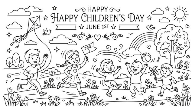 Happy Childrens Day June 1st with joyful kids playing outdoors.