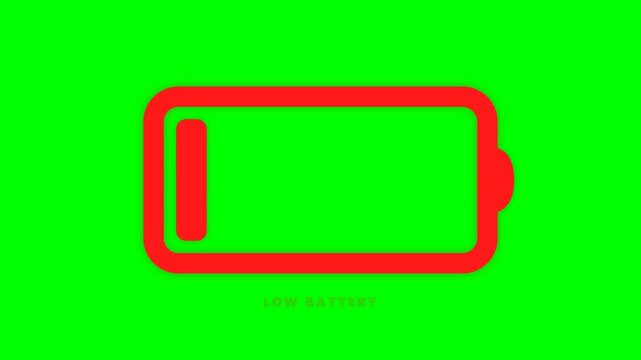 Alerting low battery icon in vibrant red, signaling critical power status and the urgent need for recharging, isolated on a bright green screen background